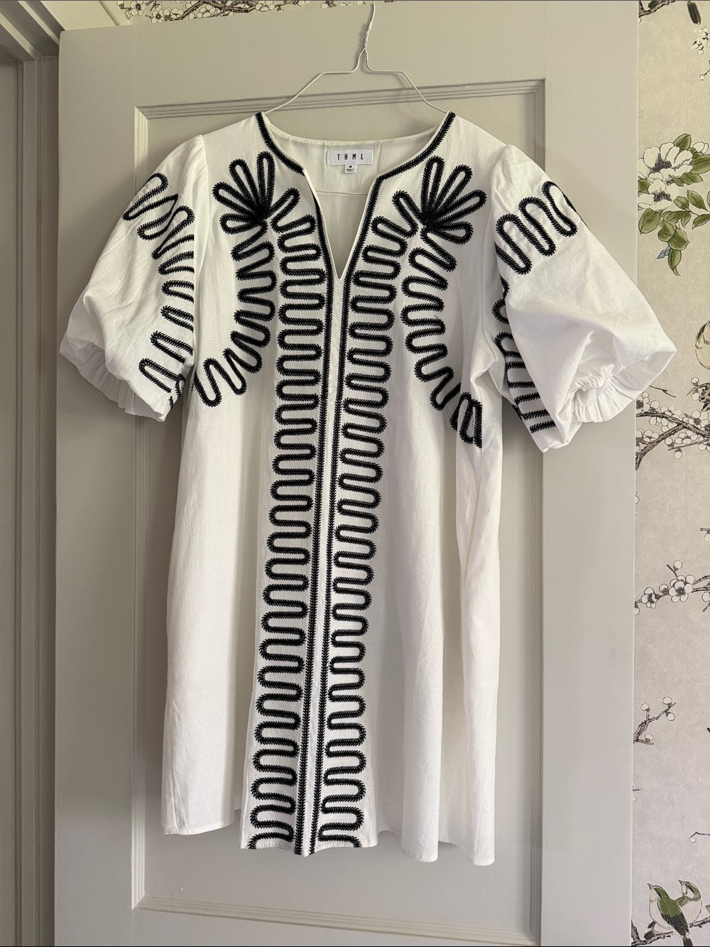 White Cotton Tunic Dress with Black Embroidery